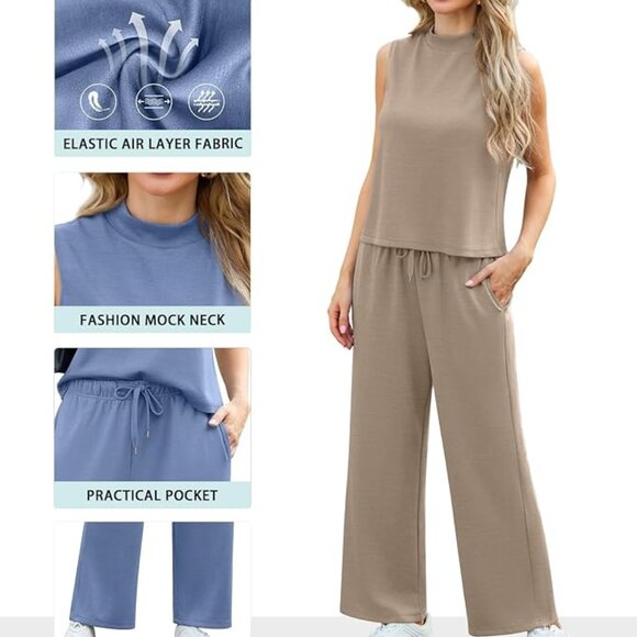 Two Piece Set Mock Neck Lounge and Vacation Wear in Beige - Size M - Picture 2 of 4